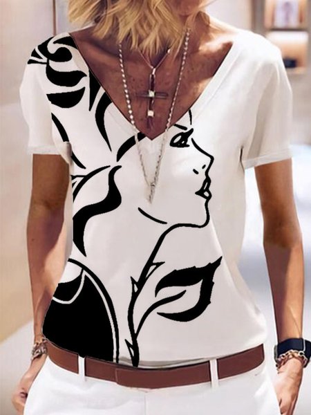 

Abstract Short Sleeve V Neck Holiday Shirts & Tops, White, Tops