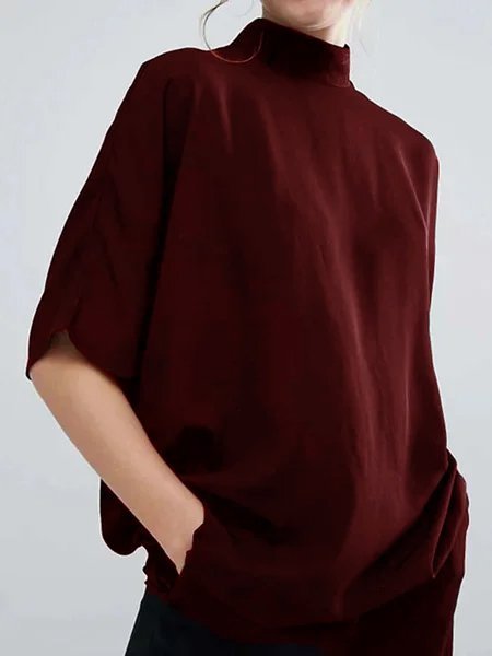 

Maniche Corte dolcevita Solido Casuale Top, Wine red, T-Shirts