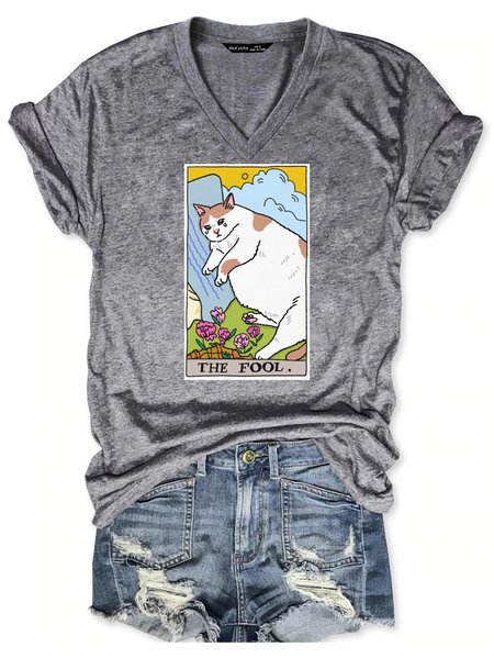 

Cat T Shirts Women Cute Funny Graphic Cat V Neck Tee Summer Top, Gray, T-shirts