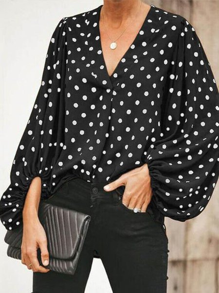 

Casuale a pois Scollo a V Maniche Lunghe Superiore, Nero, Blouses & Shirts