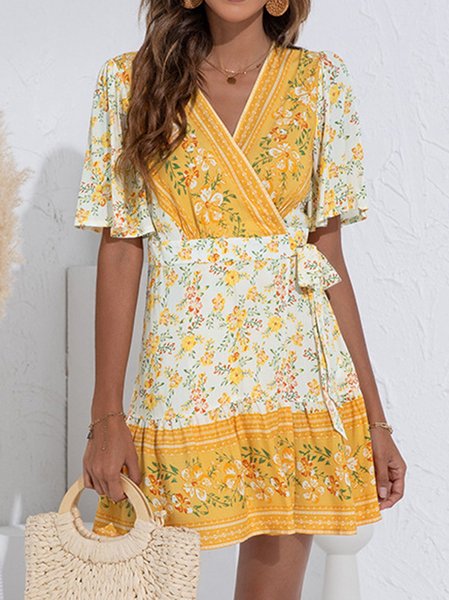 

Casual Floral-Print Tribal Dresses, Yellow, Mini Dresses