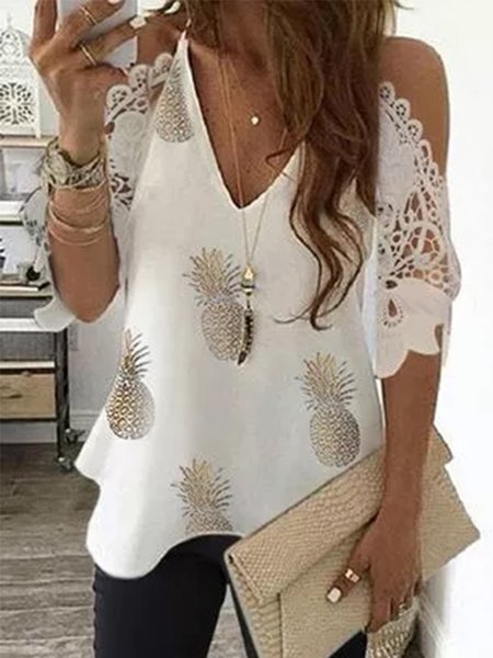 

Half Sleeve Holiday Plants V Neck Shirts & Tops, White, Tops