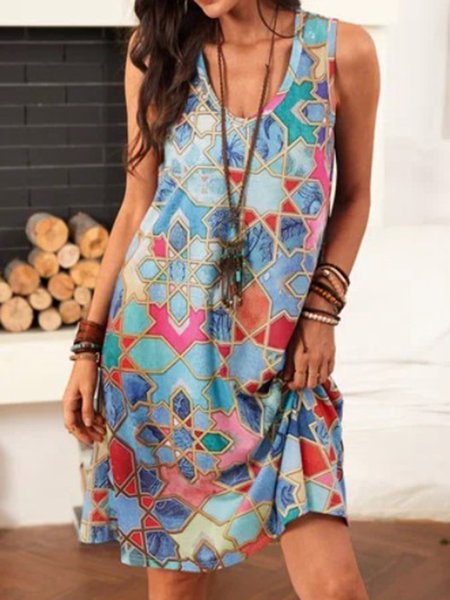 

Geometric Casual Sleeveless Cotton-Blend Dresses, As picture, Mini Dresses
