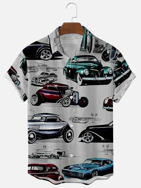 

Mens Retro Cars Print Casual Lapel Short Sleeve Hawaiian Shirts, Gray, Shirts ＆ Blouse
