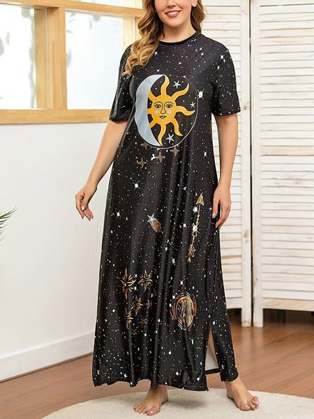 

Short Sleeve Abstract Crew Neck Casual Sleepwear & Loungewear, Black, Loungewear & Sleepwear