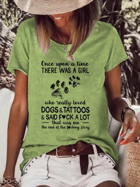 

Dogs And Tattoos Crew Neck Shift Casual Short Sleeve Tops, Green, T-shirts