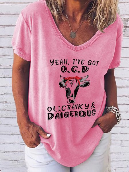 

Funny Cotton-Blend V Neck Shirts & Tops, Pink, T-shirts