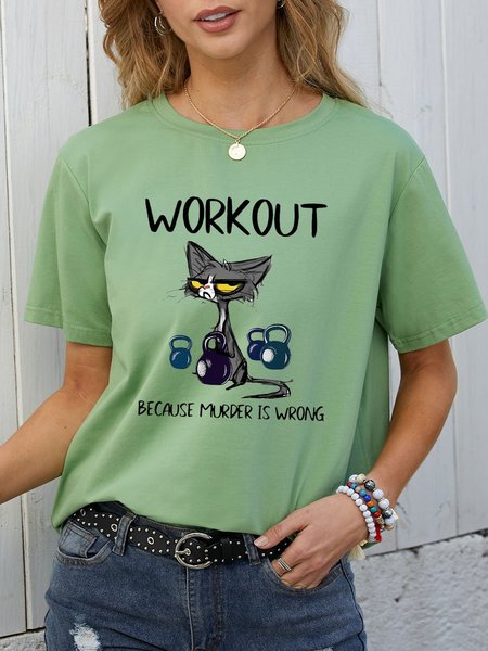 

Workout Because Murder Is Wrong Funny Black Cat Graphic Casual Tee, Olive green, T-shirts