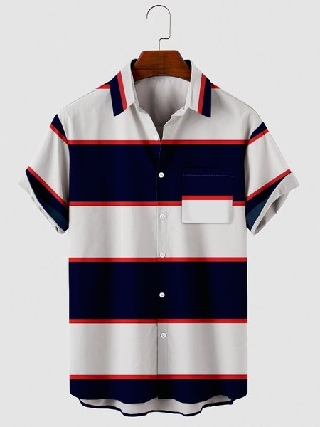 

Mens Striped Print Casual Lapel Pocket Short Sleeve Hawaiian Shirts, White, Men's Floral shirt