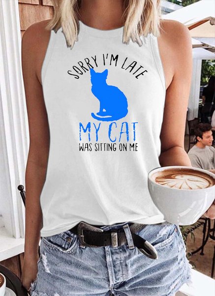 

Letter & Cat Print Tank Top, White, Tank Tops