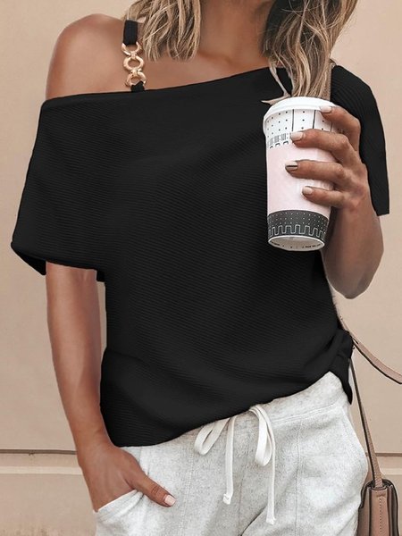 Casuale Solido Maniche Corte Camicie & Top, Nero, Blouses & Shirts