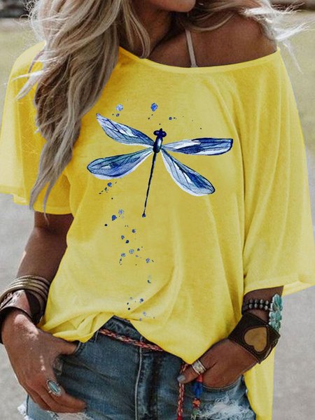 

Dragonfly Short Sleeve Casual Women Tshirt, Yellow, T-shirts