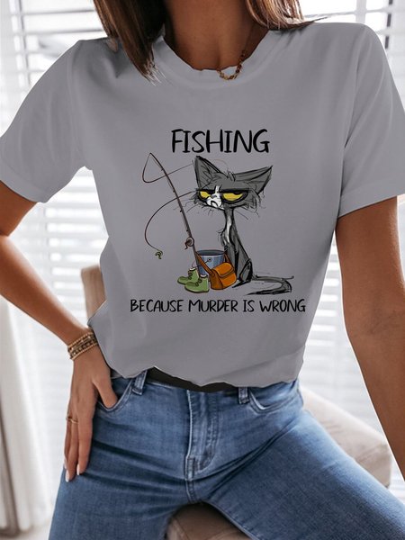 

Fishing Because Murder Is Wrong Funny Black Cat Graphic Casual Tee, Gray, T-shirts