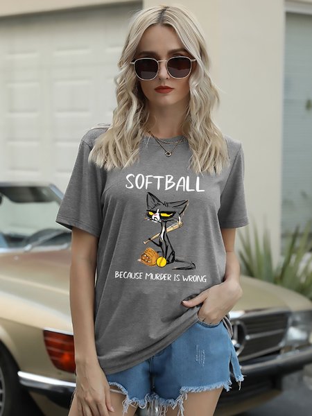 

Softball Because Murder Is Wrong Black Cat Graphic Casual Tee, Light gray, T-shirts
