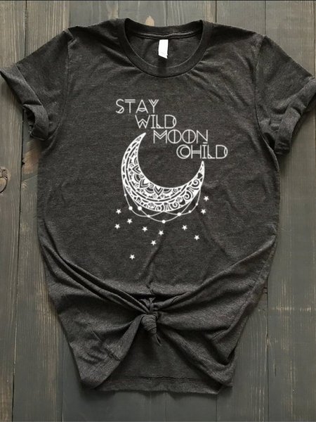 

Stay Wild Moon Child Cotton-Blend Casual Short Sleeve Shirts & Tops, Deep gray, T-shirts