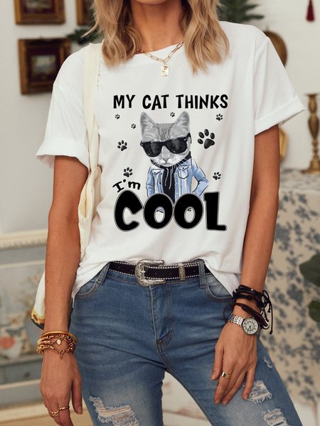 My Cat Thinks I'm Cool Cotton-Blend Shirts & Tops, White, T-shirts