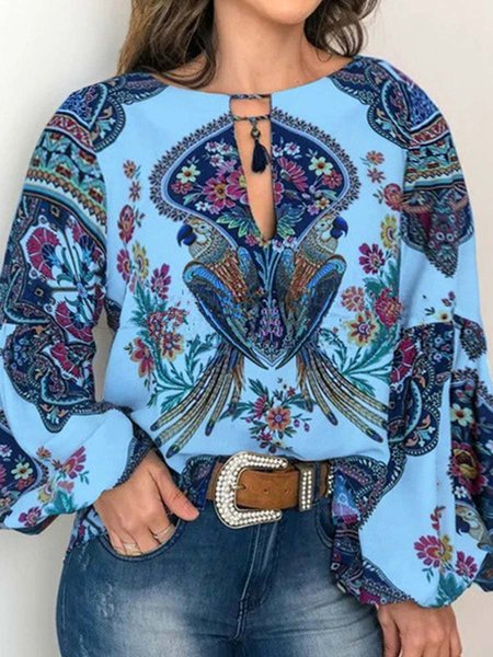 

plus size women tribal casual balloon sleeve shirts & tops, Blue, Shirts & Blouses