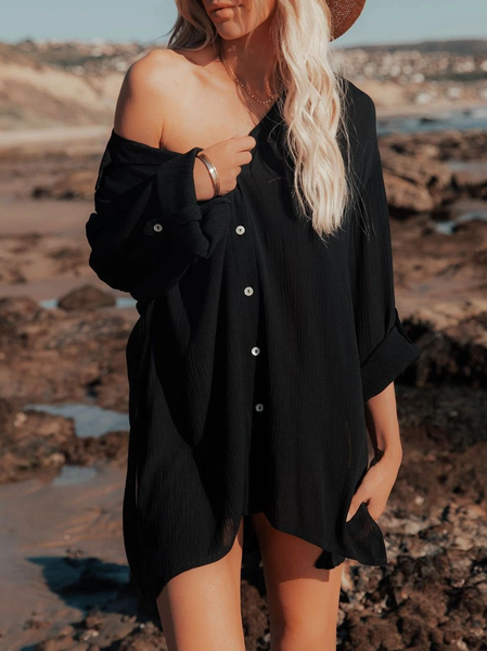 

V Neck Cotton-Blend Boho Dresses, Black, Mini Dresses