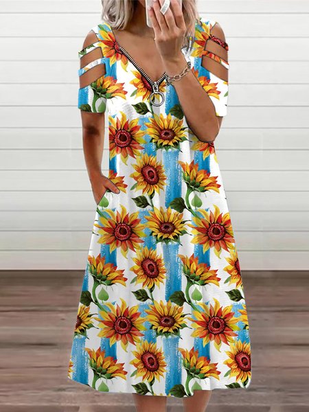 Casual V Neck With Zipper Resort Cold Shoulder Dresses, Sunflower, Midi Dresses