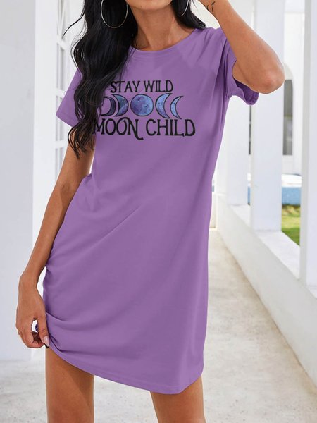 

Stay Wild Moon Child Crew Neck Cotton-Blend Casual Dresses, Purple, Casual Dress