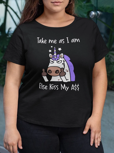 

Take Me As I Am Else Kiss My Ass Unicorn Plus Size Tee, Black, Plus Size T-shirts