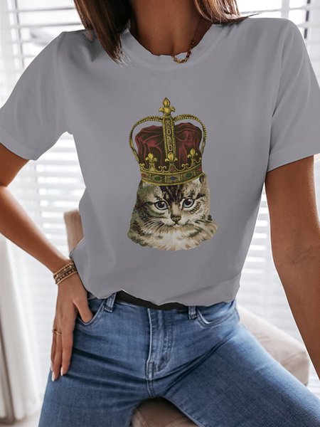 

Funny Cat Graphic Short Sleeve Casual Tee, Gray, T-shirts