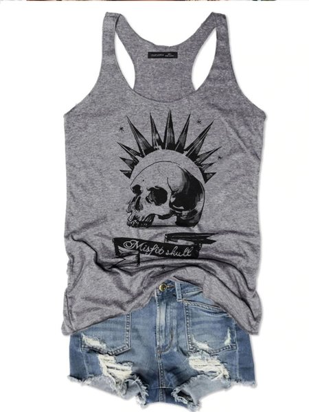 

Rock Misfit Skull Crew Neck Casual Cotton-Blend Vests, Gray, Tank Tops