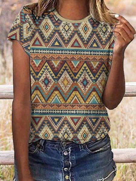 

Short Sleeve Abstract Casual V Neck Shirts & Tops, Apricot, T-Shirts