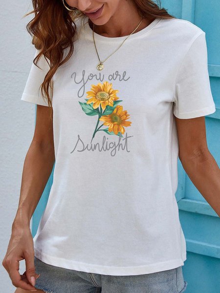 

Casual Cartoon Floral-print Crew Neck Short Sleeve Cotton-blend T-shirts, White, T-Shirts