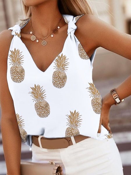 

Vintage Tied Detail Sleeveless Pineapple Printed V Neck Plus Size Casual Vest Tops, White, Tank Top
