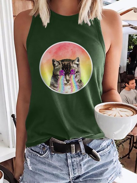 

Funny Cat Graphic Short Sleeve Casual Tank Top, Dark green, Tank Tops