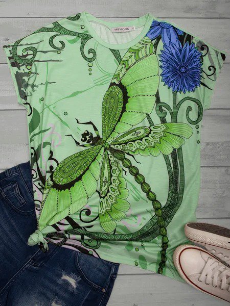 

Vintage Short Sleeve Dragonfly Floral Printed Crew Neck Casual Top, Green, Tees & T-shirts