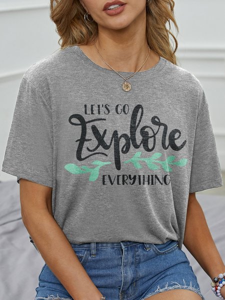 

Let's Go Explore Everything Cotton-Blend Crew Neck Casual Shirts & Tops, Purple, T-shirts