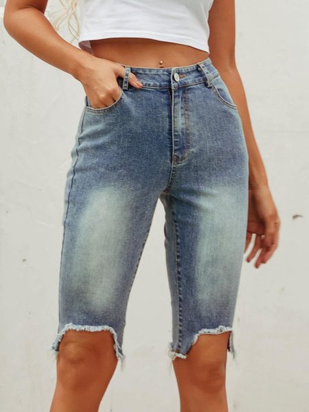 

Bermuda irregolari Denim Bianco a vita alta i pantaloni, Blu, Jeans