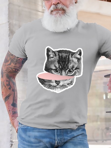 

Funny Cat Graphic Short Sleeve Casual Tee, Light gray, T-shirts