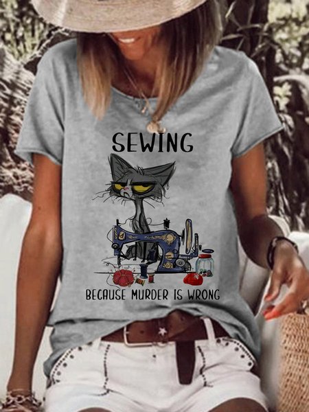 

Cat Crew Neck Shirts & Tops, Gray, T-shirts