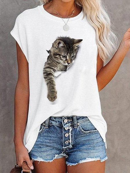 

Cat Graphic 3D Cotton-Blend Casual Shirts & Tops, White, T-shirts
