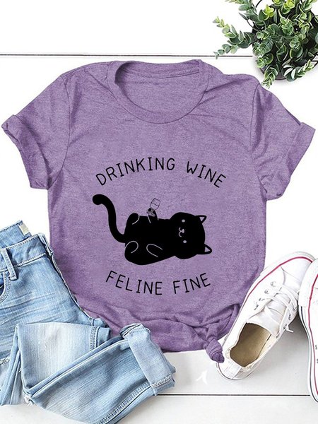 

Drinking Wine Feline Fine Funny Cat Women Tshirt, Purple, T-shirts