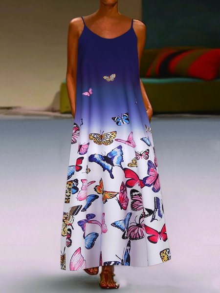 Casuale Senza Maniche Farfalla Abito, Blu, Dresses