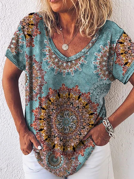 

Plus size V Neck Short Sleeve Boho Shirts & Tops, Blue, Tops