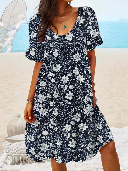 

Plus size Floral Holiday Casual Weaving Dress, Purplish blue, Midi Dresses