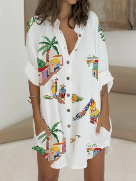

Printed Shirt Collar Long Sleeve Casual Dresses, White, Casual Dresses