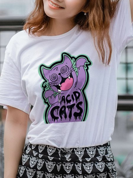 

Acid Cats Crew Neck Shirts & Tops, White, T-shirts