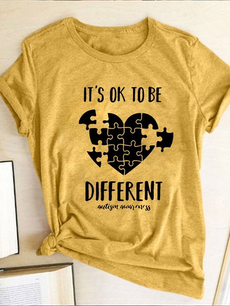 

Puzzle Heart Print Casual Short Sleeve Shirts & Tops, Yellow, T-shirts