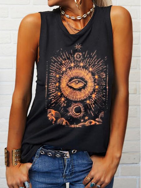 

Black Eye Sun Moon Graphic Crew Neck Elasticity Casual Vests, Tank Tops