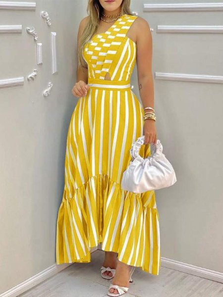

Paneled Cold Shoulder One Shoulder Holiday Dress, Yellow, Maxi Dresses