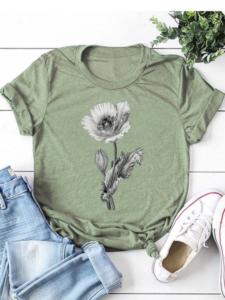 

Funny Black And White Floral Print Women's Crew Neck More Short Sleeve Casual Shirts & Tops, Army green, T-shirts