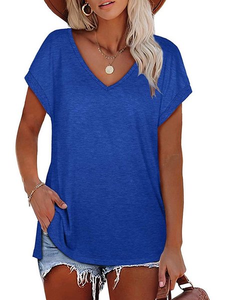 

Maniche Corte Solido Scollo a V Casuale Top, Blu, T-Shirts