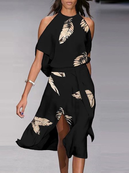 

Nero Le foglie Stampato Spalla Nuda Maniche Corte Gonna Casuale, Casual Dresses