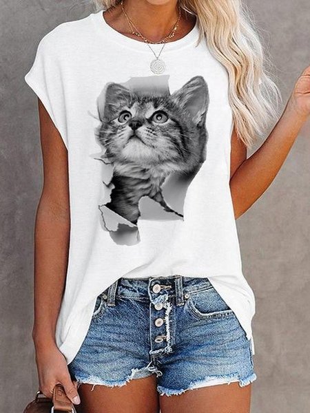 

Cat Graphic 3D Cotton-Blend Shirts & Tops, White, Tank Tops